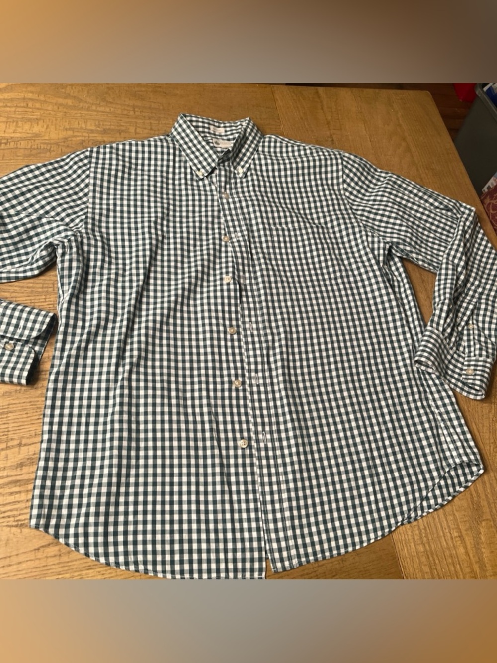 J Crew Plaid Men’s Sz L Slim Fit Button Green & White Checkered Polo Dress Shirt